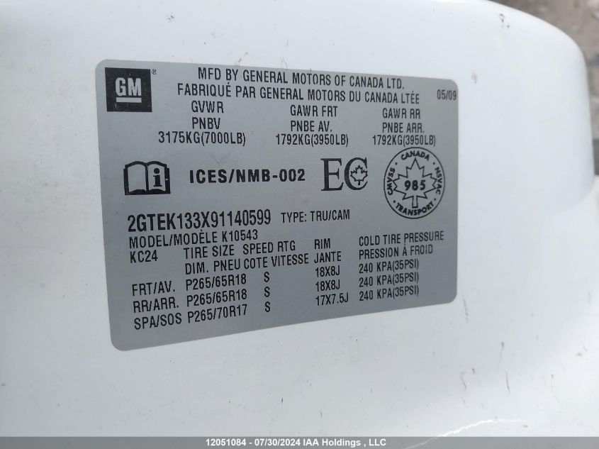 2009 GMC Sierra 1500 VIN: 2GTEK133X91140599 Lot: 12051084