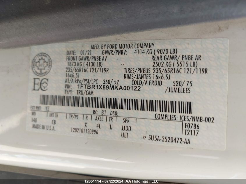 2021 Ford Transit T-250 VIN: 1FTBR1X89MKA00122 Lot: 12051114