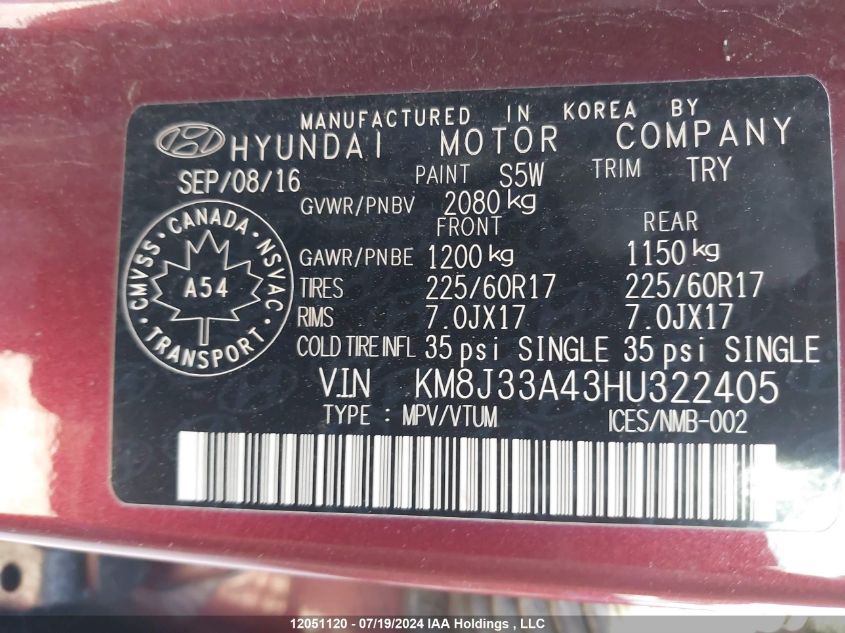 2017 Hyundai Tucson Se VIN: KM8J33A43HU322405 Lot: 12051120