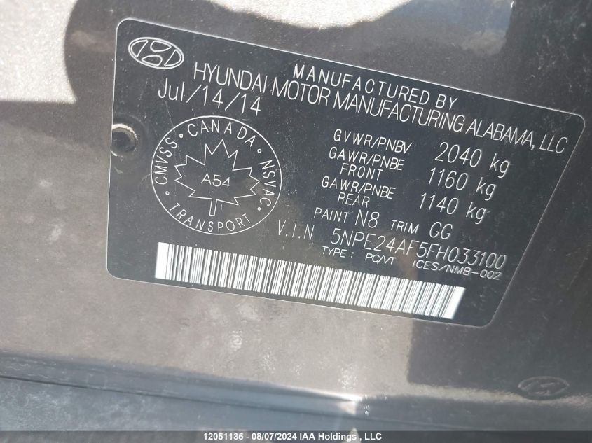 2015 Hyundai Sonata Se VIN: 5NPE24AF5FH033100 Lot: 12051135