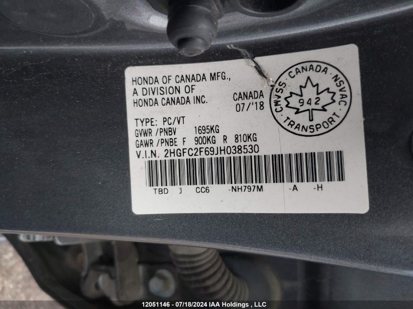 2018 Honda Civic Sedan VIN: 2HGFC2F69JH038530 Lot: 12051146