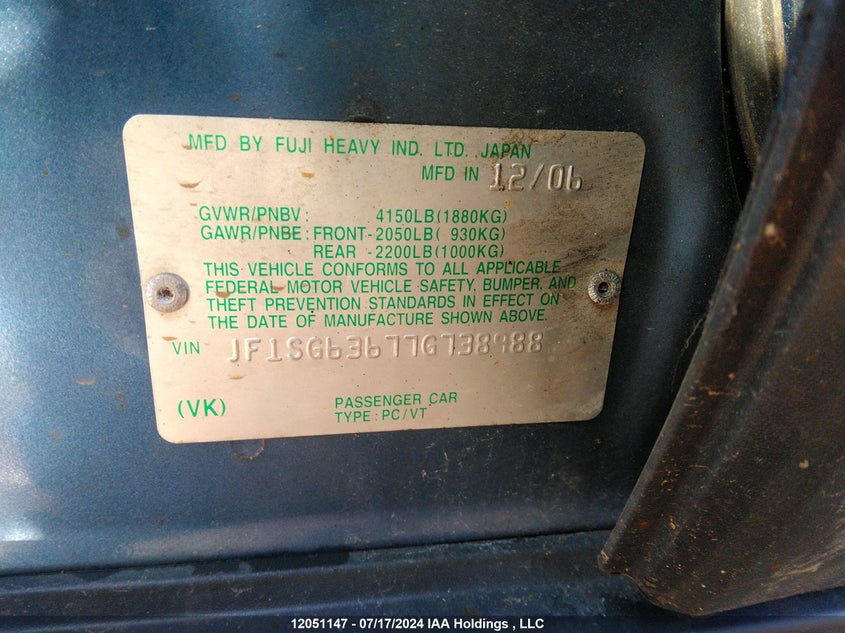 2007 Subaru Forester 2.5X/Sports 2.5X VIN: JF1SG63677G738988 Lot: 12051147