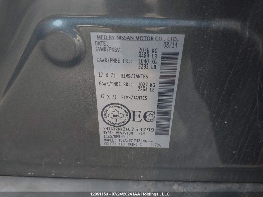 2015 Nissan Rogue VIN: 5N1AT2MT2FC753799 Lot: 12051153