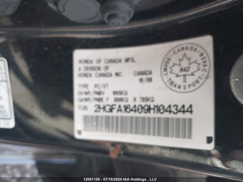 2009 Honda Civic Sdn VIN: 2HGFA16409H104344 Lot: 12051155