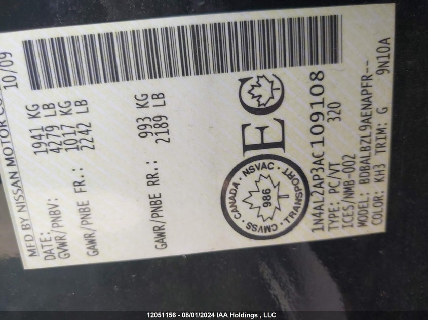 2010 Nissan Altima VIN: 1N4AL2AP3AC109108 Lot: 12051156