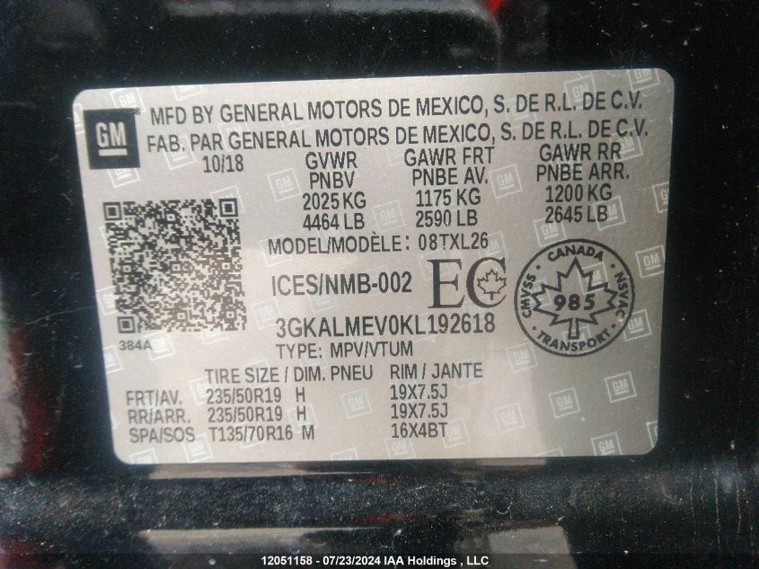 2019 GMC Terrain Sle VIN: 3GKALMEV0KL192618 Lot: 12051158