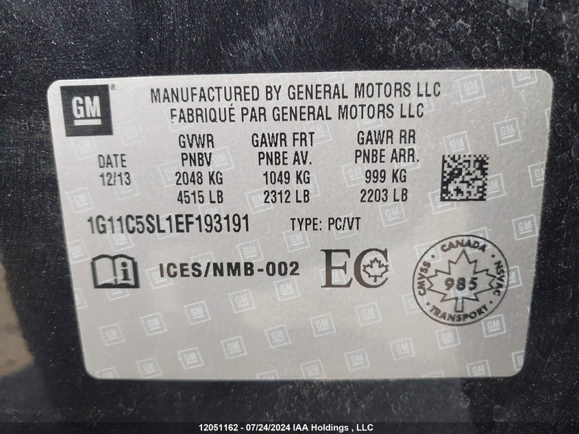 2014 Chevrolet Malibu VIN: 1G11C5SL1EF193191 Lot: 12051162