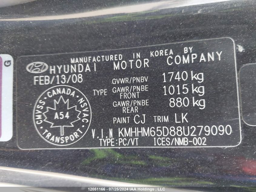 2008 Hyundai Tiburon VIN: KMHHM65D88U279090 Lot: 12051166