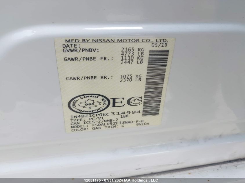 2019 Nissan Leaf VIN: 1N4BZ1CP0KC314994 Lot: 12051175