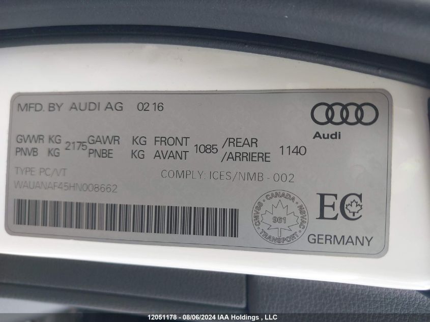 2017 Audi A4 VIN: WAUANAF45HN008662 Lot: 12051178