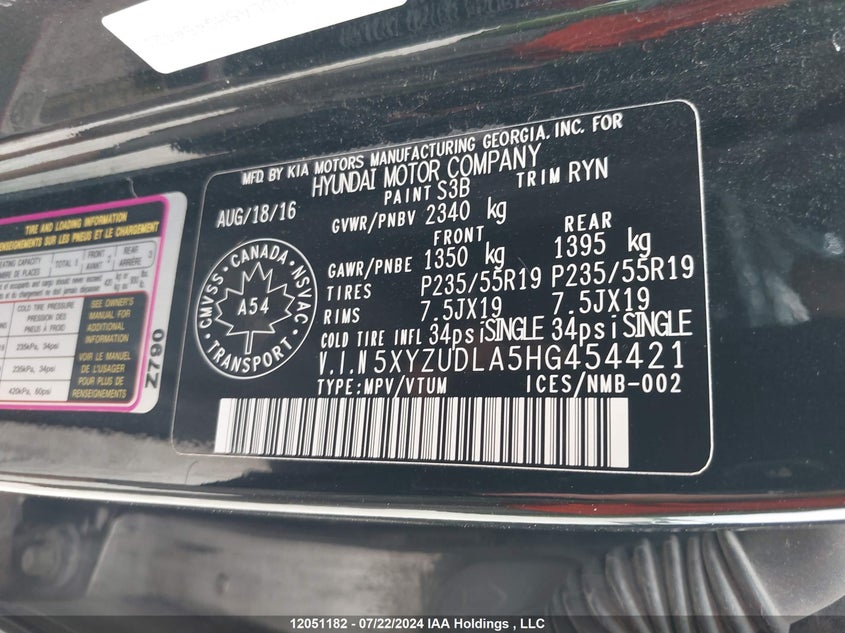 2017 Hyundai Santa Fe VIN: 5XYZUDLA5HG454421 Lot: 12051182