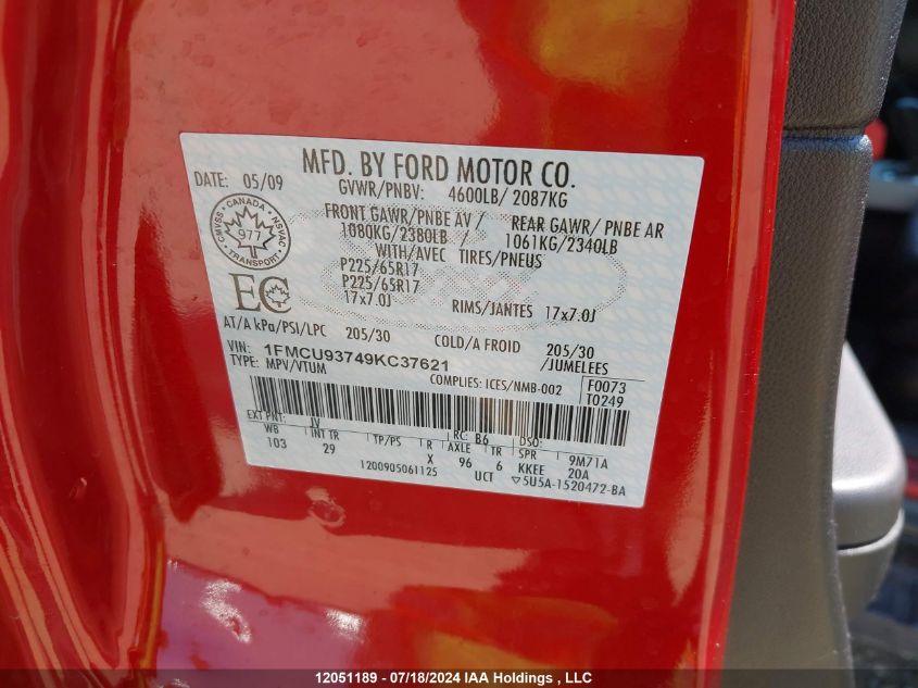 2009 Ford Escape VIN: 1FMCU93749KC37621 Lot: 12051189