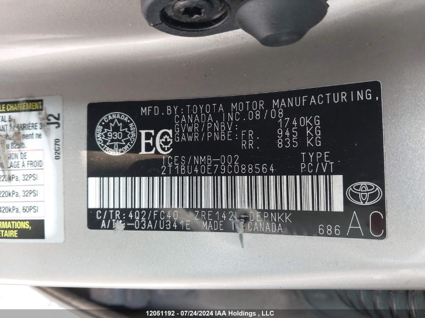 2009 Toyota Corolla Le VIN: 2T1BU40E79C088564 Lot: 12051192