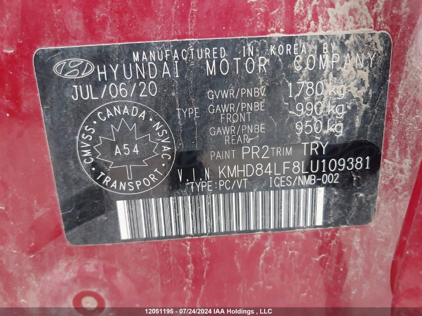 2020 Hyundai Elantra VIN: KMHD84LF8LU109381 Lot: 12051195