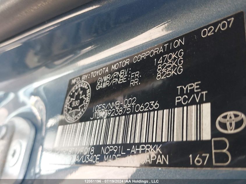 2007 Toyota Yaris VIN: JTDKT923875106236 Lot: 12051196