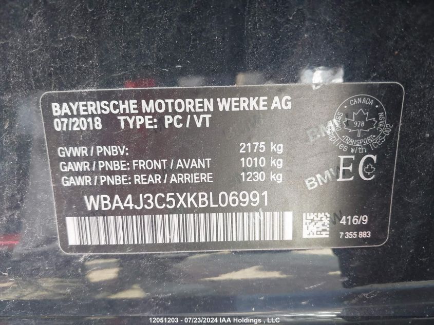 2019 BMW 4 Series VIN: WBA4J3C5XKBL06991 Lot: 12051203