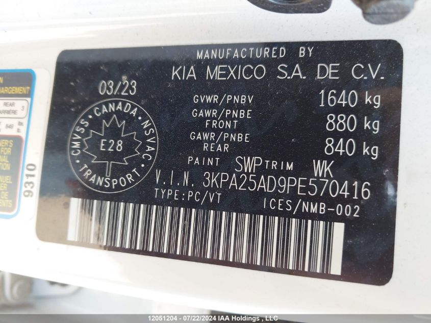 2023 Kia Rio 5-Door VIN: 3KPA25AD9PE570416 Lot: 12051204