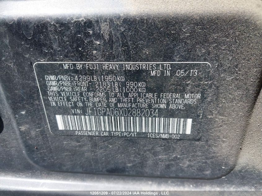 2013 Subaru Impreza VIN: JF1GPAD6XD2882034 Lot: 12051209