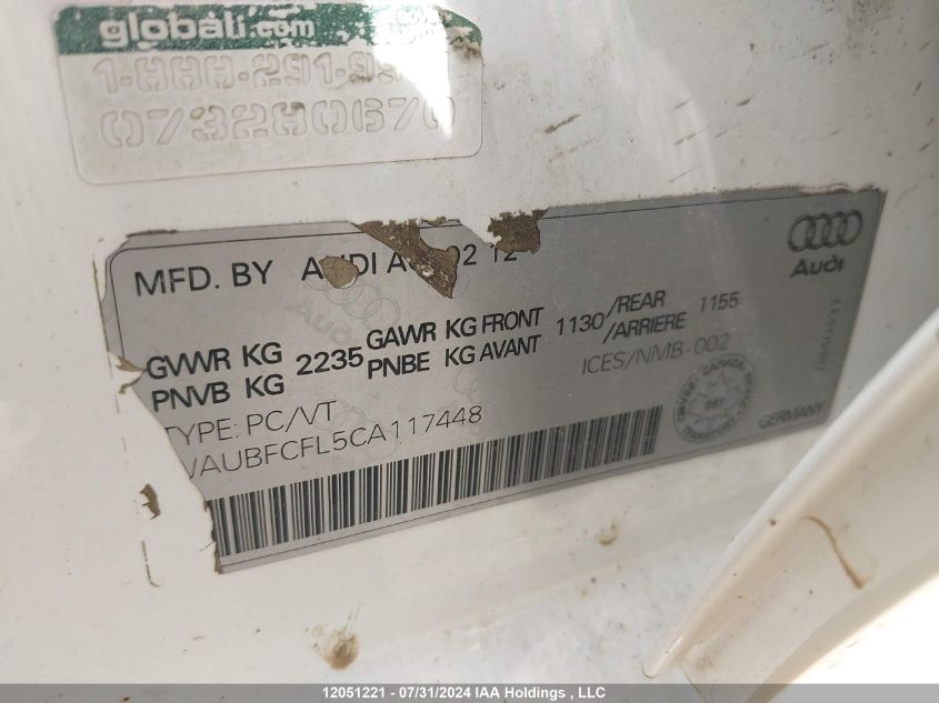 2012 Audi A4 VIN: WAUBFCFL5CA117448 Lot: 12051221