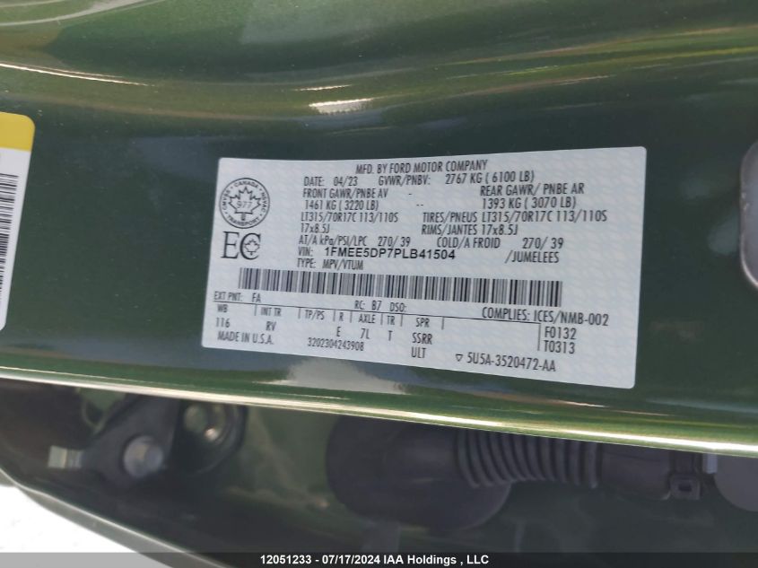 2023 Ford Bronco Big Bend/Black Diamond/Outer Banks/Badlands/Wildtrak/Everglades VIN: 1FMEE5DP7PLB41504 Lot: 12051233