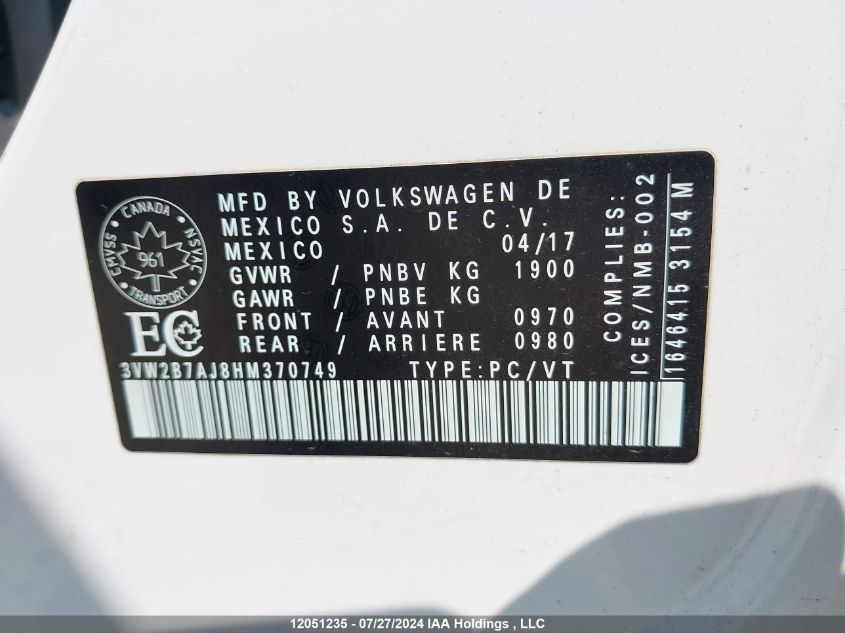 2017 Volkswagen Jetta Sedan VIN: 3VW2B7AJ8HM370749 Lot: 12051235