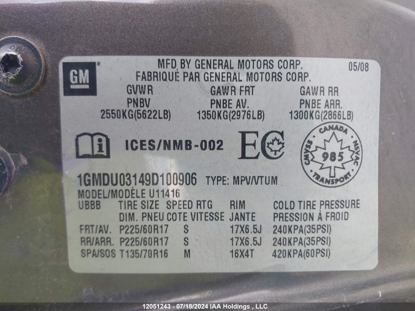 2009 Pontiac Montana Sv6 VIN: 1GMDU03149D100906 Lot: 12051243