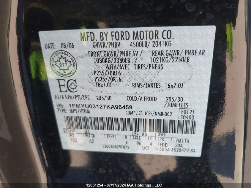 2007 Ford Escape VIN: 1FMYU03127KA96459 Lot: 12051254