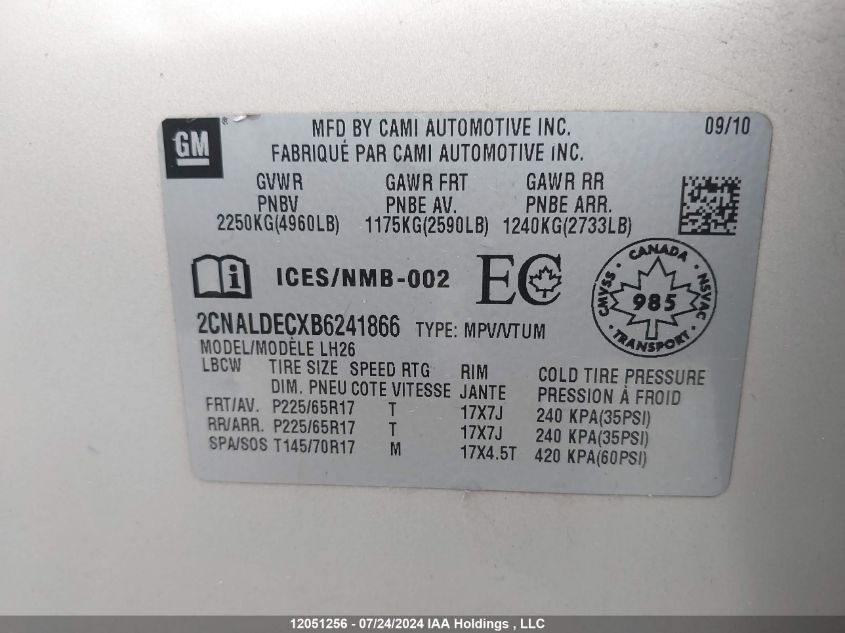 2011 Chevrolet Equinox VIN: 2CNALDECXB6241866 Lot: 12051256