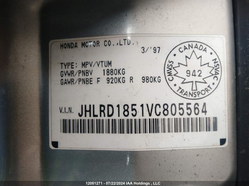 1997 Honda Cr-V VIN: JHLRD1851VC805564 Lot: 12051271