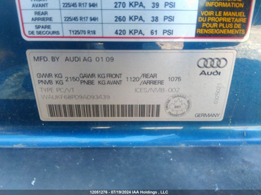 2009 Audi A3 VIN: WAUKF68P09A093439 Lot: 12051276