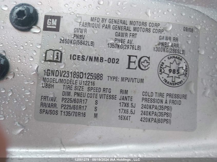 2009 Chevrolet Uplander VIN: 1GNDV23189D125988 Lot: 12051279