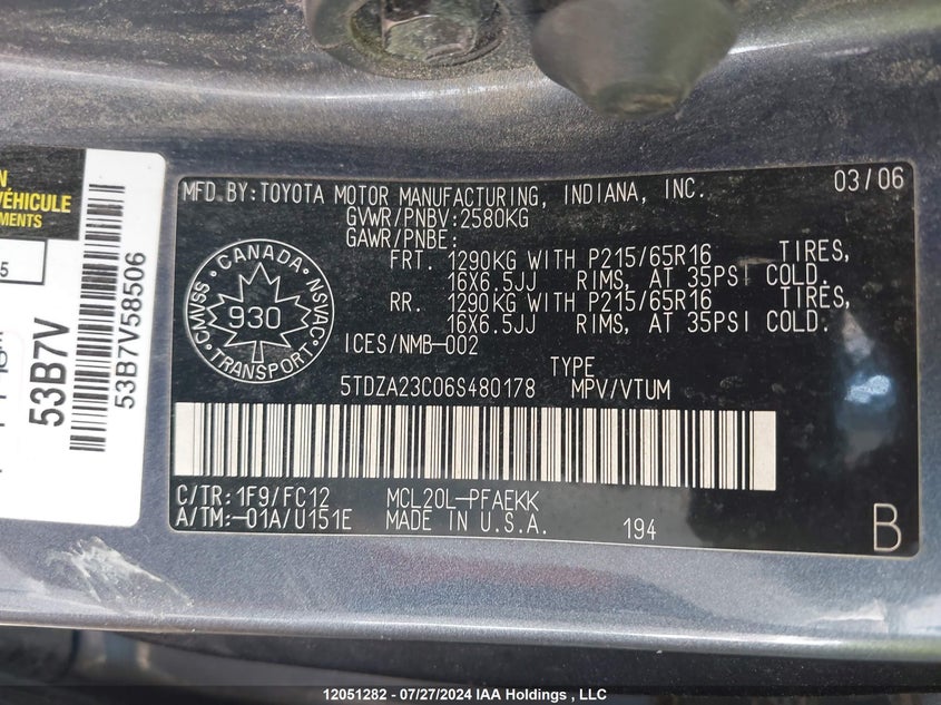 2006 Toyota Sienna Ce 7 Passenger/Ce 8 Passenger/Le 7 Passenger/Le 8 Passenger VIN: 5TDZA23C06S480178 Lot: 12051282