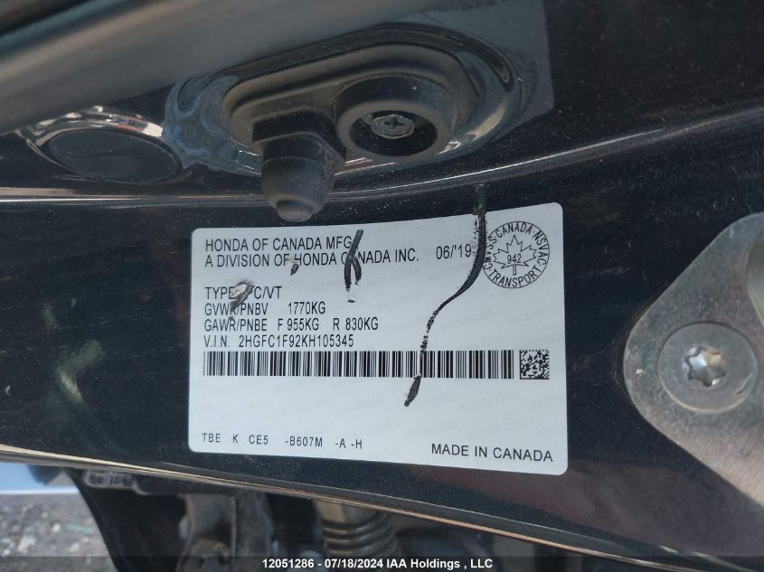 2019 Honda Civic Sedan VIN: 2HGFC1F92KH105345 Lot: 12051286