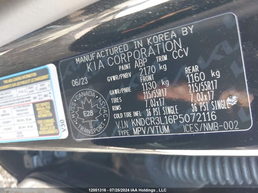 2023 Kia Niro Ev VIN: KNDCR3L16P5072116 Lot: 12051316