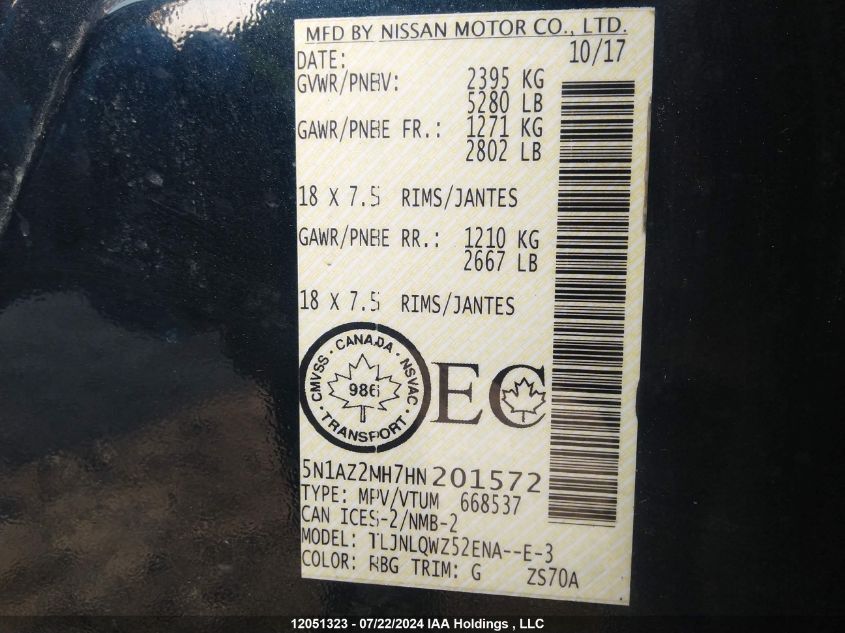2017 Nissan Murano VIN: 5N1AZ2MH7HN201572 Lot: 12051323