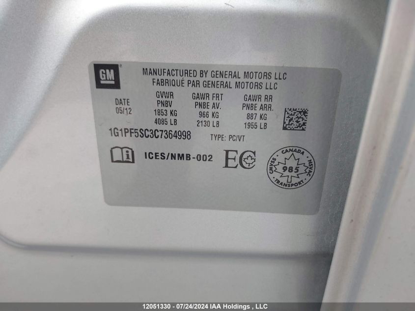 2012 Chevrolet Cruze VIN: 1G1PF5SC3C7364998 Lot: 12051330