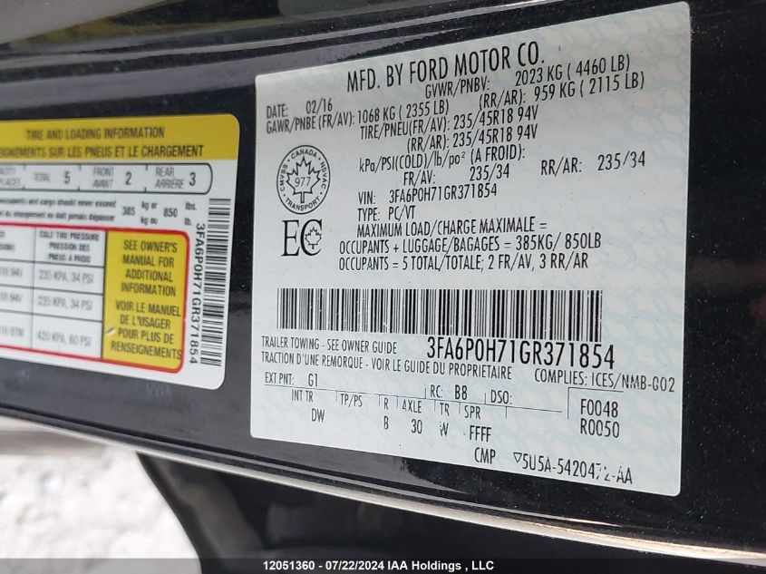 2016 Ford Fusion Se VIN: 3FA6P0H71GR371854 Lot: 12051360