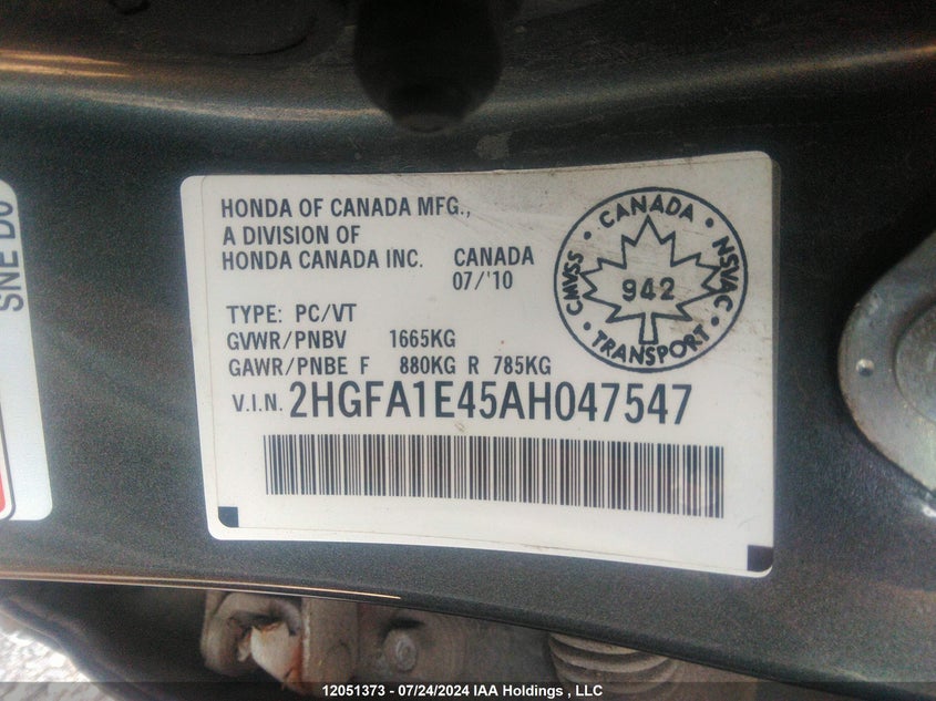 2010 Honda Civic Dx-G VIN: 2HGFA1E45AH047547 Lot: 12051373
