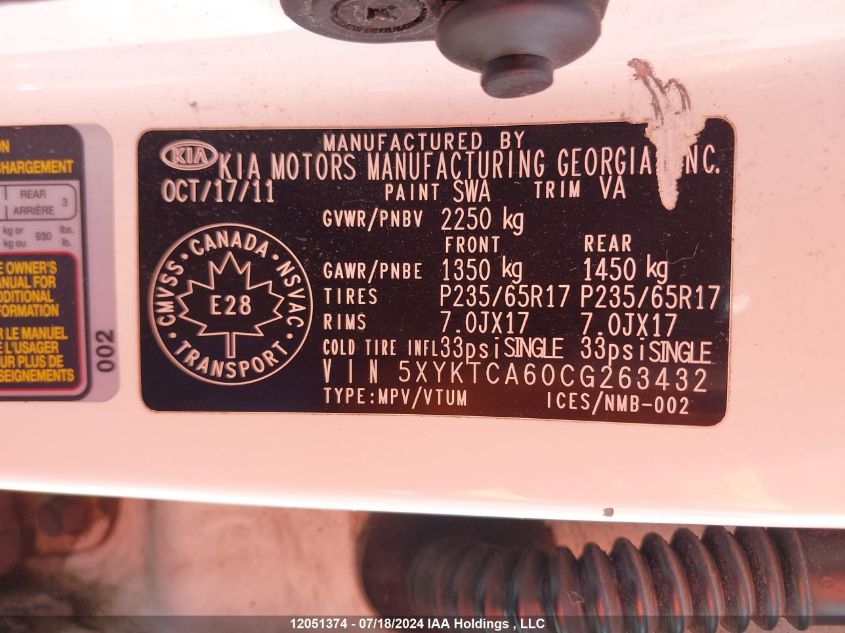 2012 Kia Sorento Lx VIN: 5XYKTCA60CG263432 Lot: 12051374