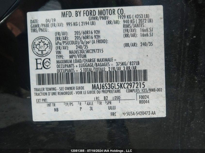 2019 Ford Ecosport Se VIN: MAJ6S3GL5KC297215 Lot: 12051385