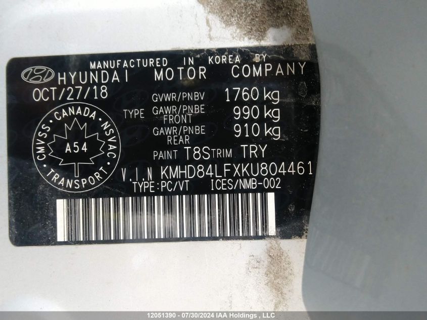 2019 Hyundai Elantra Sel/Value/Limited VIN: KMHD84LFXKU804461 Lot: 12051390