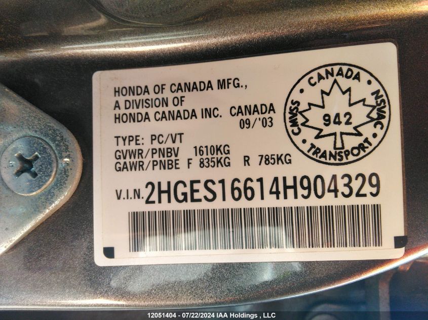 2004 Honda Civic Lx VIN: 2HGES16614H904329 Lot: 12051404