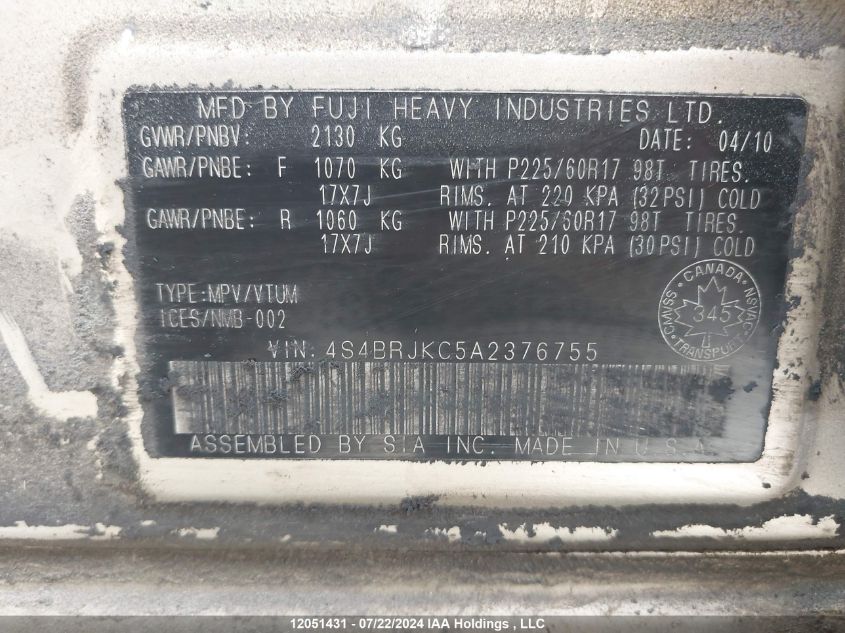 2010 Subaru Legacy Outback VIN: 4S4BRJKC5A2376755 Lot: 12051431