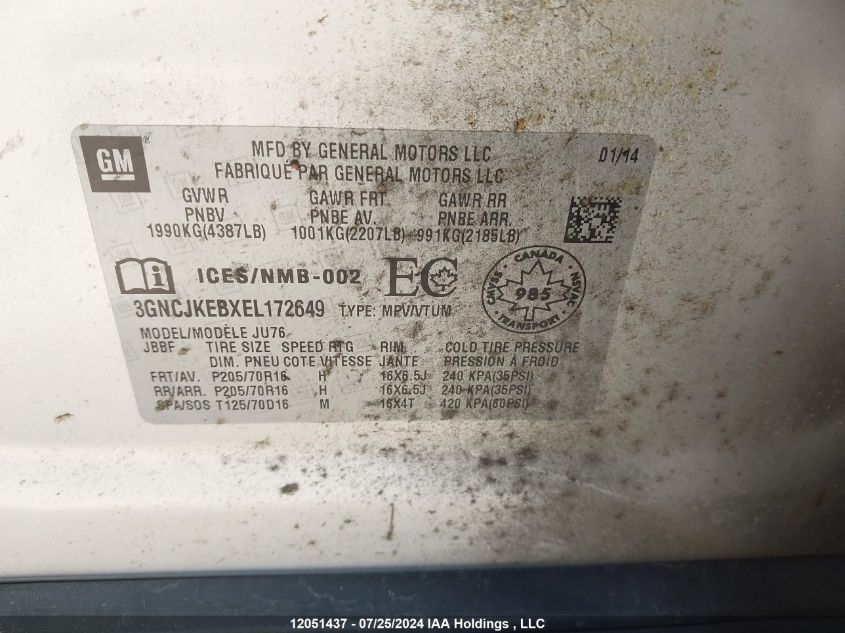 2014 Chevrolet Trax Ls VIN: 3GNCJKEBXEL172649 Lot: 12051437