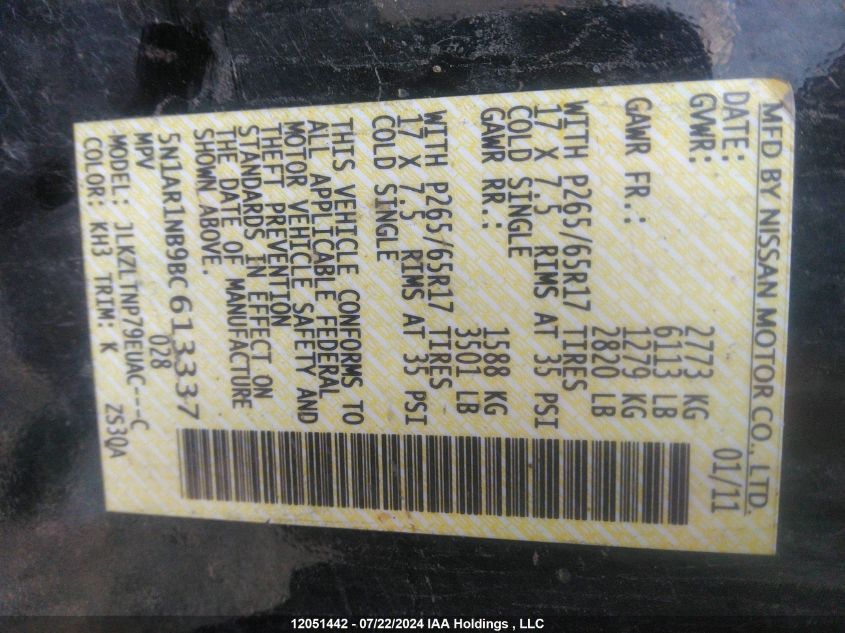 2011 Nissan Pathfinder VIN: 5N1AR1NB9BC613337 Lot: 12051442