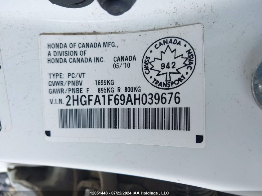 2010 Honda Civic Lx-S VIN: 2HGFA1F69AH039676 Lot: 12051448