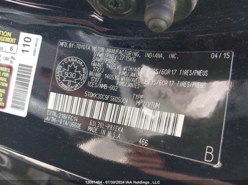 2015 Toyota Sienna Le VIN: 5TDKK3DC9FS605004 Lot: 12051464