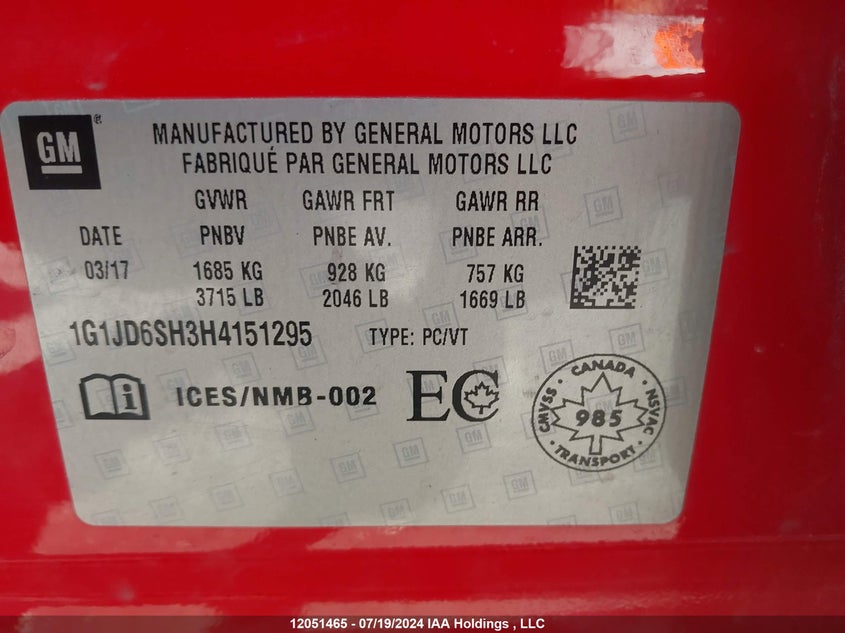 2017 Chevrolet Sonic VIN: 1G1JD6SH3H4151295 Lot: 12051465