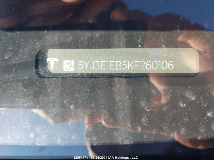 2019 Tesla Model 3 VIN: 5YJ3E1EB5KF260106 Lot: 12051471