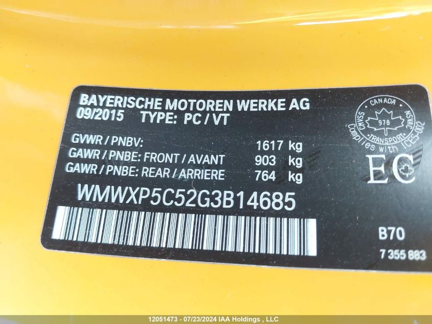 2016 Mini Cooper Hardtop VIN: WMWXP5C52G3B14685 Lot: 12051473